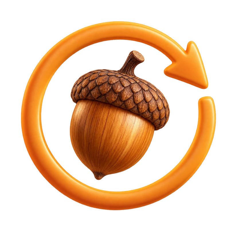 Acorn with circular arrow rolling forward