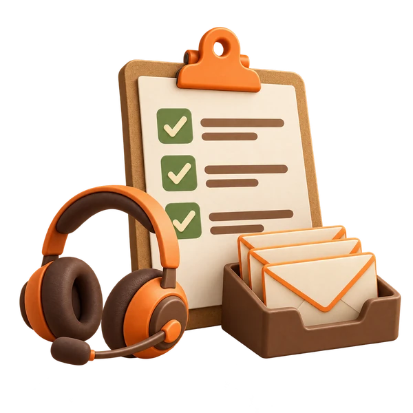 Clipboard, call headset and follow-up drafts