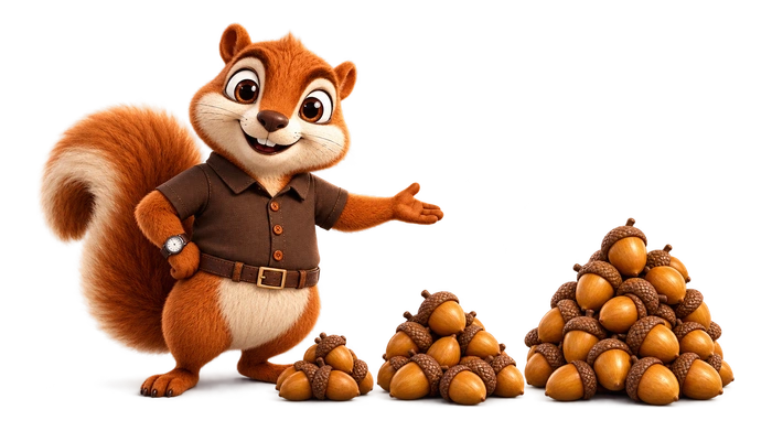 Squirrel presenting three growing top-up acorn piles