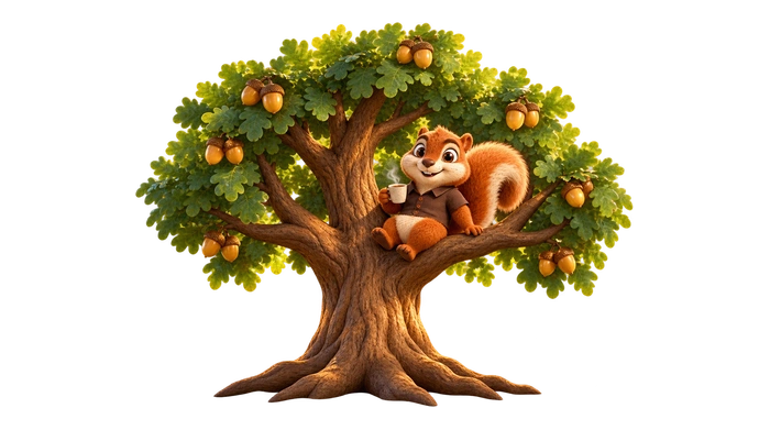 Oak plan: squirrel enjoying coffee on an oak branch