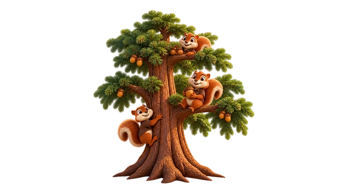 Redwood plan: three squirrels climbing and stashing acorns