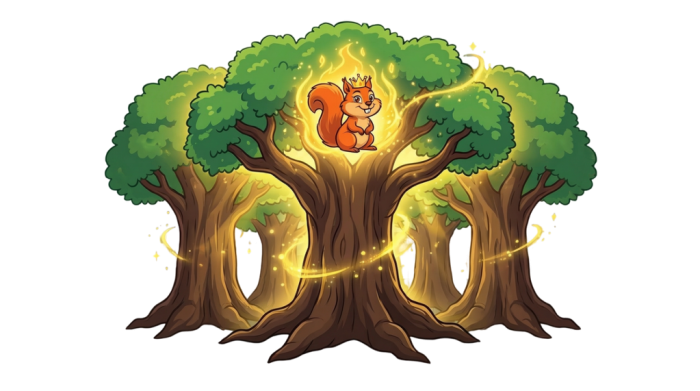 Crowned squirrel among ancient trees