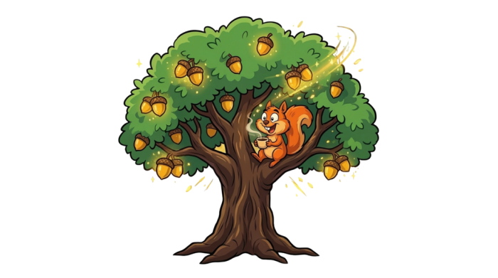 Oak tree with squirrel enjoying coffee